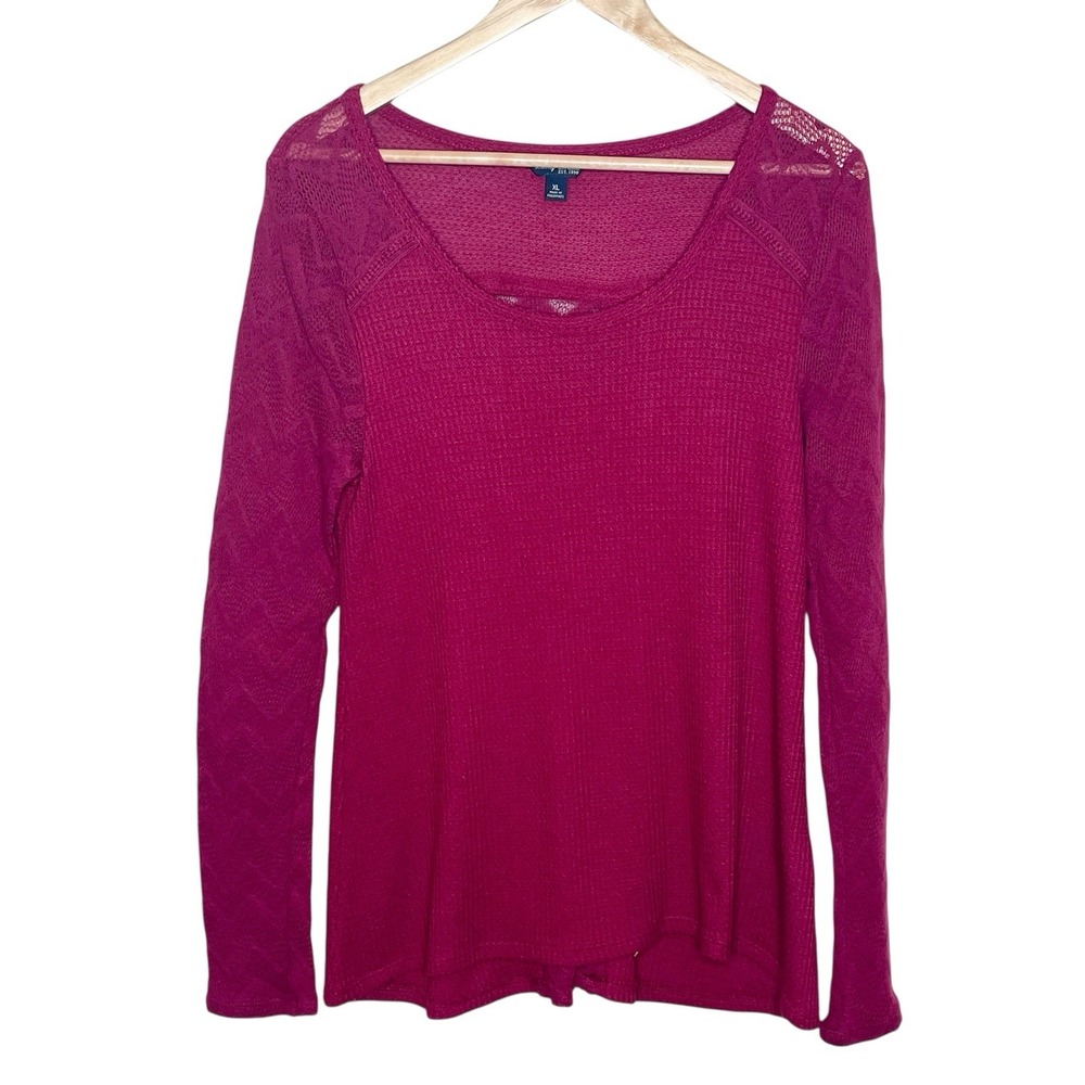 Lucky Brand Thermal Waffle Knit Long Sleeve Top Red Womens XL Tee Boho Sheer